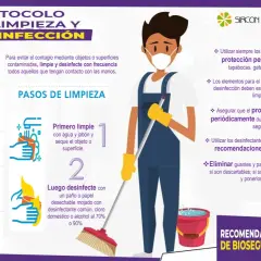 Infografía sobre el protocolo de limpieza y desinfección, con pasos e imágenes ilustrativas. Incluye recomendaciones de bioseguridad.