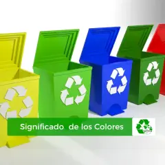 Cinco cubos de basura de colores (amarillo, verde, azul, verde, rojo) con símbolos de reciclaje. El texto dice "Significado de los Colores".