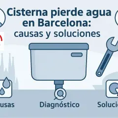 Ilustración de una cisterna con problemas de agua en Barcelona. La boya de la cisterna no corta el agua, causando fugas. Se muestran causas, diagnóstico y soluciones.