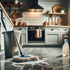 Un cubo, una fregona y un spray de limpieza listos para saber como quitar la grasa del suelo de la cocina.