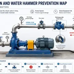 Diagrama de una bomba de agua que se calienta y se apaga. Muestra el flujo normal, el riesgo de flujo inverso y la lógica de parada para evitar daños.