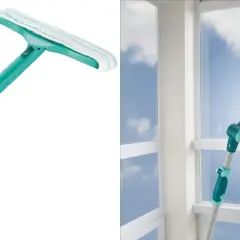 Herramienta para limpiar ventanas por fuera, con mango extensible y cabezal giratorio.