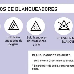 Símbolos de blanqueadores: uno permite usar lejía o cloro (hipoclorito de sodio), otro solo oxígeno, y otros no permiten ningún tipo.