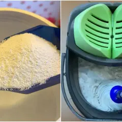 Se prepara amoniaco para fregar el suelo. Un cubo con mopa y agua jabonosa espera.