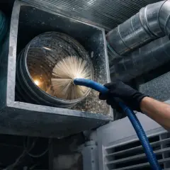 Persona con guante negro usa cepillo para limpiar conductos de aire acondicionado.