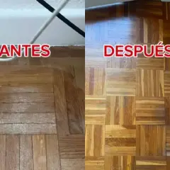 Suelos de madera antes y después de aplicar remedios caseros para suelos que resbalan. El suelo luce renovado y seguro.