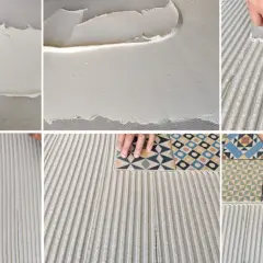 Aplicación de adhesivo para baldosas con llana dentada, mostrando el proceso de doble encolado para una fijación segura.