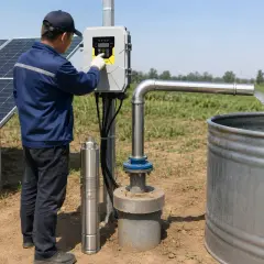 Técnico revisa panel de control de bomba solar. El agua fluye a un tanque. ¿Cómo saber si la bomba de agua está rota?