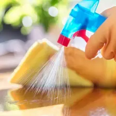 Mano con guante rocía líquido de limpieza sobre una esponja amarilla. Se puede fregar el suelo con vinagre de limpieza para un brillo natural.