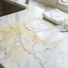 Pasta de bicarbonato y amoniaco para limpiar manchas amarillas en encimera de mármol.