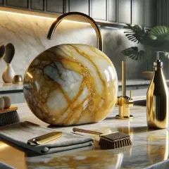 Detalles de limpieza en una cocina de lujo: un cepillo y paño listos para lijar mármol y mantener su brillo dorado.