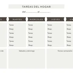 Cuadrante de limpieza semanal con columnas para Lunes a Viernes, y espacios para tareas y responsables. Incluye secciones para "Acordarse de", "Sábado y domingo" y "Tareas semanales".