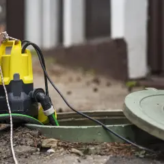 Bomba de agua funciona pero no sube agua. La bomba amarilla y negra está sumergida en una alcantarilla abierta, con una manguera verde conectada.