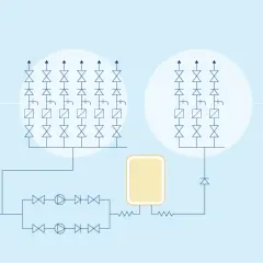 Diagrama de un sistema de agua con dos baterías de contadores. Un bypass a grupo de presión permite el flujo alternativo.