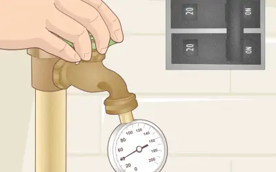 Mano girando la llave de paso con un manómetro y un interruptor de circuito regular presostato.