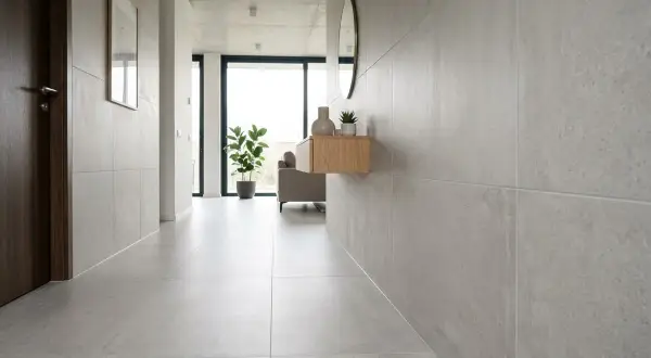 Pasillo moderno con paredes y suelo cubiertos de azulejos en horizontal o vertical. Una puerta de madera oscura a la izquierda y un mueble flotante con decoración a la derecha.