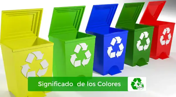 Cinco cubos de basura de colores (amarillo, verde, azul, verde, rojo) con símbolos de reciclaje. El texto dice "Significado de los Colores".