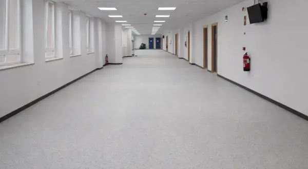 Pasillo largo y luminoso de un colegio, con ventanas a la izquierda y puertas a la derecha. El suelo del colegio es de un material gris moteado.