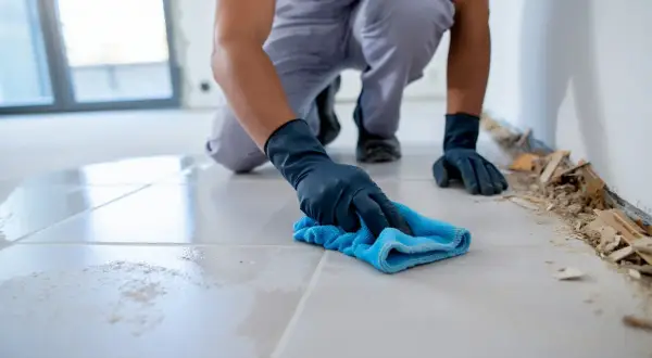 Un trabajador con guantes azules limpia un suelo a junta perdida con un paño azul.