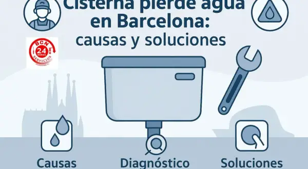 Ilustración de una cisterna con problemas de agua en Barcelona. La boya de la cisterna no corta el agua, causando fugas. Se muestran causas, diagnóstico y soluciones.