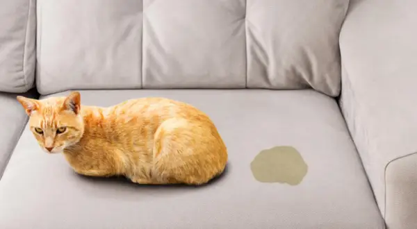 Gato naranja junto a una mancha en un sofá, indicando la necesidad de limpieza de sofás.