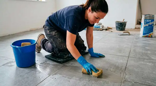 Mujer con guantes azules limpia el suelo de baldosas grises con una esponja, como quitar lo blanco del suelo después de una obra.