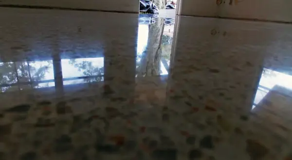 Reflejos en suelo de terrazo pulido, mostrando la entrada a una casa con bolsas de basura y un árbol. Se observa humedad en suelo de terrazo.