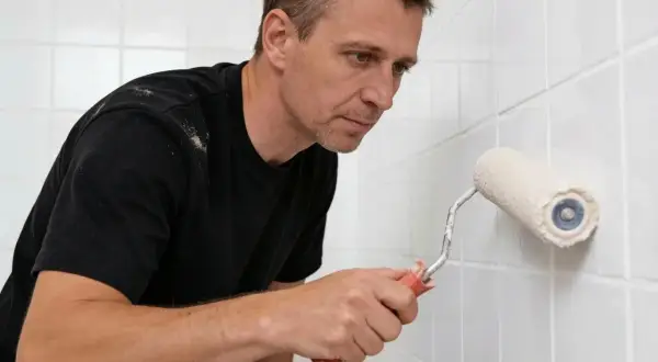 Hombre aplicando microcemento con rodillo sobre azulejos blancos.