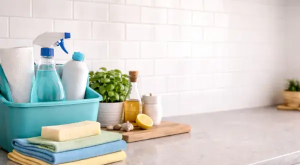 Todo listo para limpiar azulejos del baño: productos, esponjas y paños de microfibra.