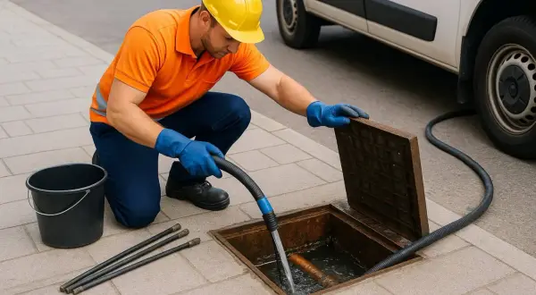Técnico con casco amarillo y guantes azules usa manguera para limpiar arqueta de aguas residuales.