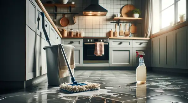 Un cubo, una fregona y un spray de limpieza listos para saber como quitar la grasa del suelo de la cocina.