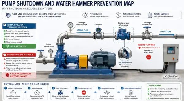 Diagrama de una bomba de agua que se calienta y se apaga. Muestra el flujo normal, el riesgo de flujo inverso y la lógica de parada para evitar daños.