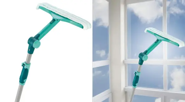 Herramienta para limpiar ventanas por fuera, con mango extensible y cabezal giratorio.