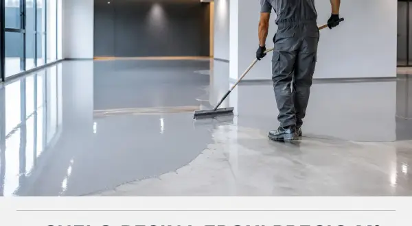 Profesional aplicando resina epoxi en un suelo moderno. Los trabajos con resina epoxica crean superficies brillantes y duraderas.