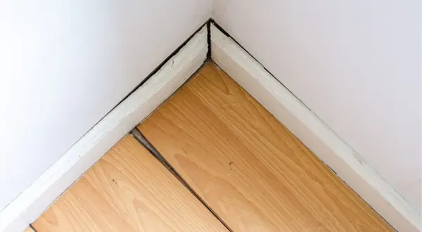 Esquina de habitación con parquet de madera con juntas abiertas. Guía para saber como recuperar el parquet y arreglar estas separaciones.