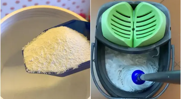 Se prepara amoniaco para fregar el suelo. Un cubo con mopa y agua jabonosa espera.