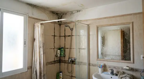 Baño con moho negro en techo y pared contigua ducha. La ducha tiene cortina y mampara de cristal.