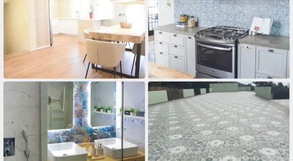 Varios tipos de suelo interior: madera clara en cocina/comedor, baldosas decorativas en baño y exterior.
