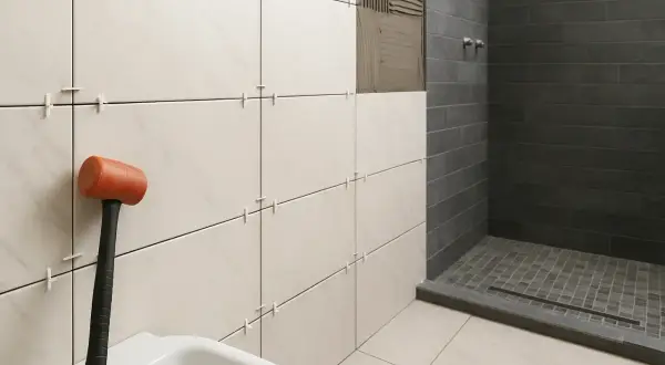 Alicatar baño: martillo de goma junto a azulejos blancos y grises en proceso de instalación.