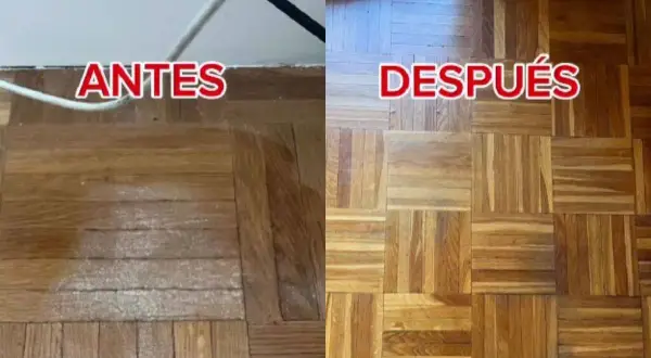 Suelos de madera antes y después de aplicar remedios caseros para suelos que resbalan. El suelo luce renovado y seguro.