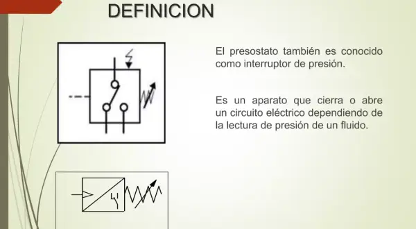 Simbología de presostato: dos diagramas eléctricos que representan un interruptor de presión, uno con un rayo y otro con un resorte.
