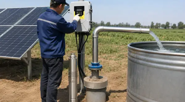 Técnico revisa panel de control de bomba solar. El agua fluye a un tanque. ¿Cómo saber si la bomba de agua está rota?