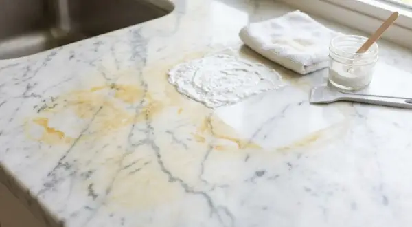 Pasta de bicarbonato y amoniaco para limpiar manchas amarillas en encimera de mármol.