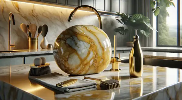 Detalles de limpieza en una cocina de lujo: un cepillo y paño listos para lijar mármol y mantener su brillo dorado.