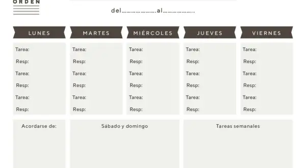 Cuadrante de limpieza semanal con columnas para Lunes a Viernes, y espacios para tareas y responsables. Incluye secciones para "Acordarse de", "Sábado y domingo" y "Tareas semanales".