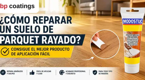 ¿Cómo quitar rayones del parquet? Muestra un producto para reparar suelos de madera rayados, fácil de aplicar y con acabado profesional.