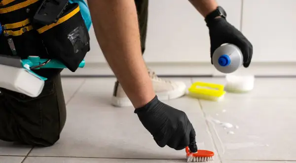 Persona con guantes negros usa un cepillo para limpiar juntas de azulejos, aplicando producto de limpieza.