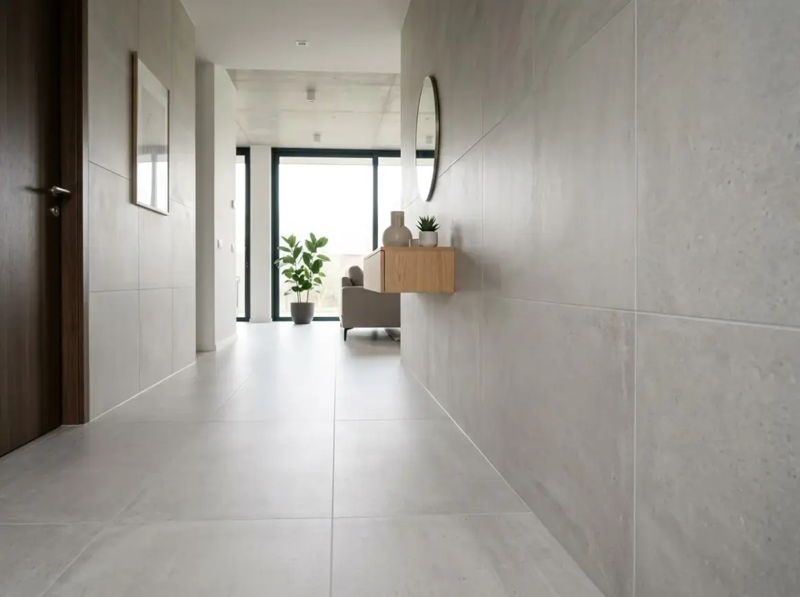 Pasillo moderno con paredes y suelo cubiertos de azulejos en horizontal o vertical. Una puerta de madera oscura a la izquierda y un mueble flotante con decoración a la derecha.