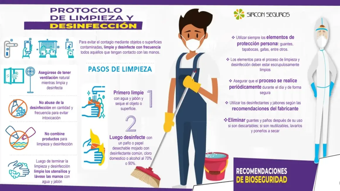 Infografía sobre el protocolo de limpieza y desinfección, con pasos e imágenes ilustrativas. Incluye recomendaciones de bioseguridad.