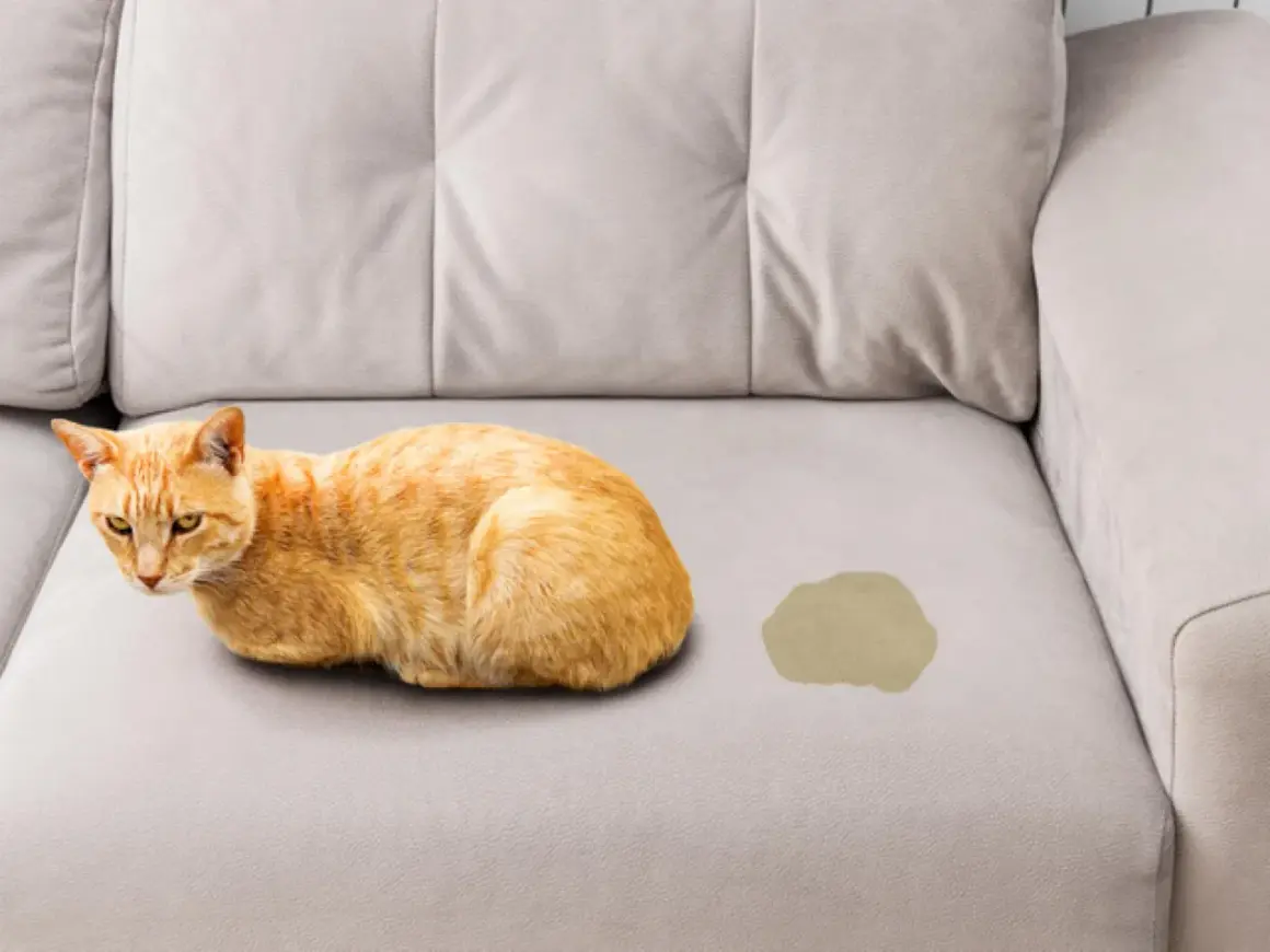 Gato naranja junto a una mancha en un sofá, indicando la necesidad de limpieza de sofás.